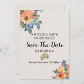ピーチブルーウォーターカラーフローラ誕生日 セーブザデート (正面/裏面)