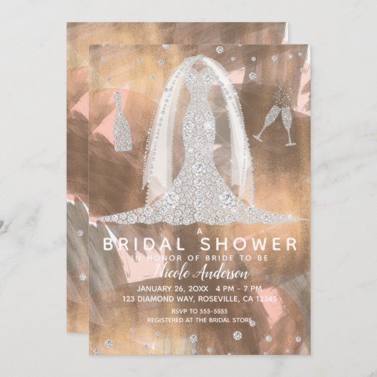 ピーチブロンズダイアモンド結婚ズドレスブライダルシャワー 招待状 (正面/裏面)