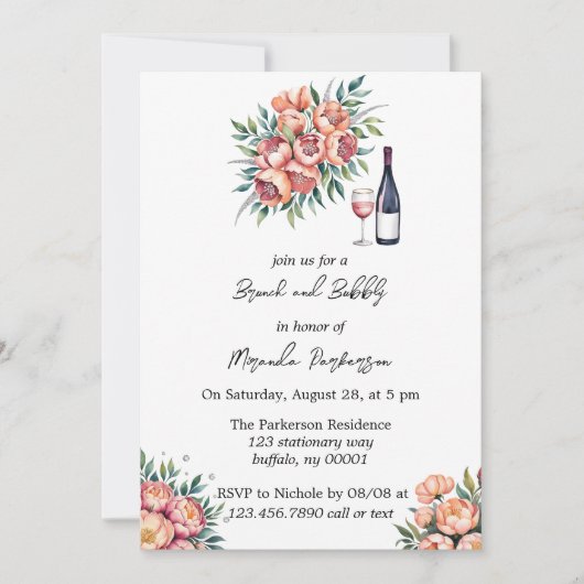 ピーチブーケとダイヤモンドブランチとバブリー 招待状 (正面)