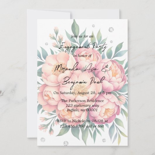 ピーチブーケウィズダイアモンズ婚約パーティ 招待状 (正面)