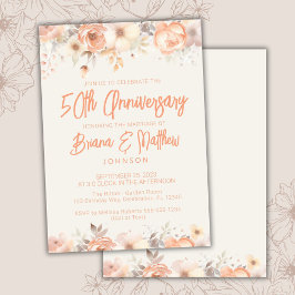 ピーチベージュアイボリーの花模様の結婚50周年記念 招待状
