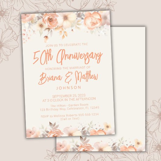 ピーチベージュアイボリーの花模様の結婚50周年記念 招待状
