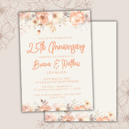 ピーチベージュアイボリーの花模様 25周年記念結婚記念日 招待状