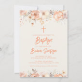 ピーチベージュアイボリーフラワーズバプテスマ 招待状 (正面)