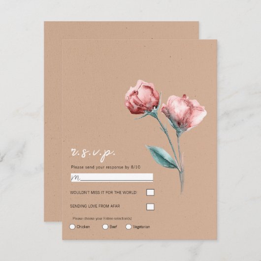 ピーチベージュウォーター色フローラウェディングRSVP 招待状 (正面/裏面)