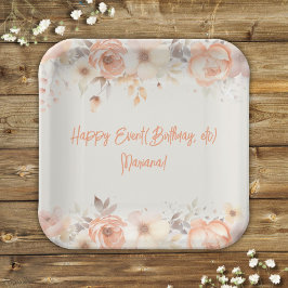 ピーチベージュフラワーズフローラパーティー ペーパープレート