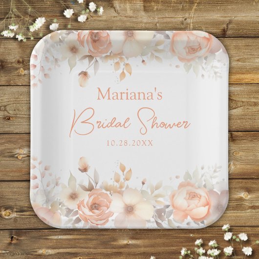 ピーチベージュフローラブライダルシャワー ペーパープレート