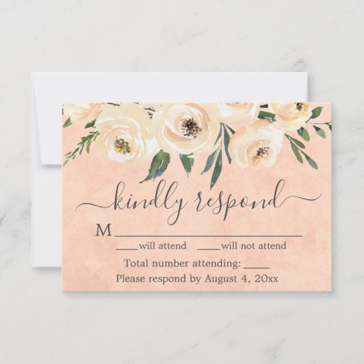 ピーチベージュフローラ金ゴールドオンピンクRSVPカード サンキューカード (正面)