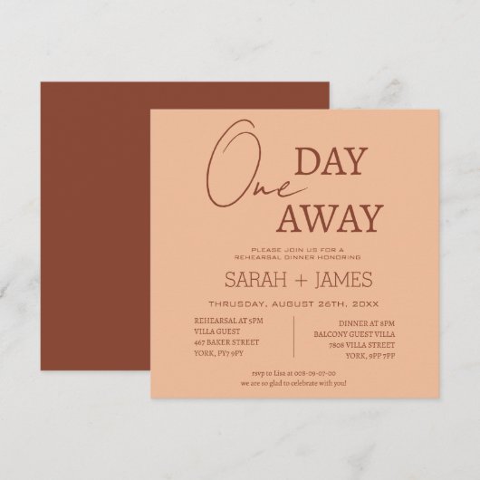 ピーチベージュ モダン ワンデイ アウェイ リハーサル ディナー 招待状 (正面/裏面)