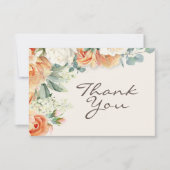ピーチホワイトウォーターカラーフラワーユーカリウェディング サンキューカード (正面)