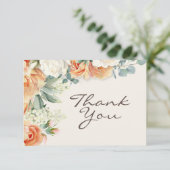 ピーチホワイトウォーターカラーフラワーユーカリウェディング サンキューカード (スタンド正面)