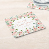 ピーチホワイトウォーターカラーフローラブライダルシャワー スクエアペーパーコースター (アングル)