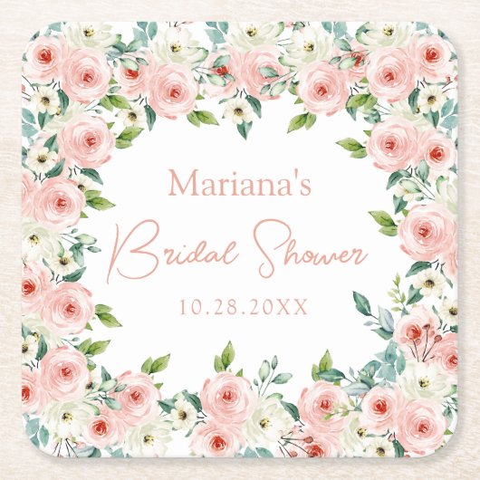 ピーチホワイトウォーターカラーフローラブライダルシャワー スクエアペーパーコースター (正面)