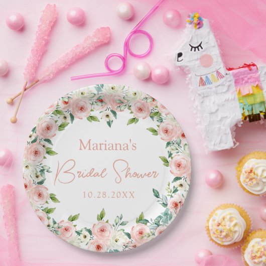 ピーチホワイトウォーターカラーフローラブライダルシャワー ペーパープレート (パーティー)