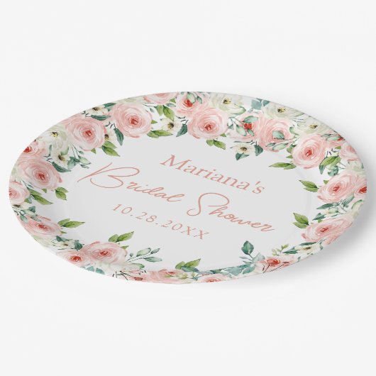 ピーチホワイトウォーターカラーフローラブライダルシャワー ペーパープレート (アングル)