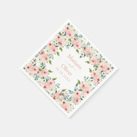 ピーチホワイトウォーター色のフローラ結婚ズ スタンダードカクテルナプキン (角)