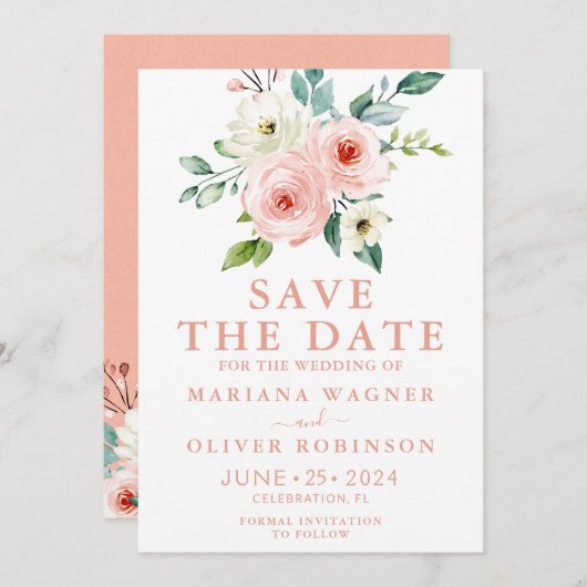 ピーチホワイトウォーター色フローラ保存日 招待状 (正面/裏面)