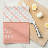 ピーチホワイトグレーフローラ&ダイアゴナルプレイド キッチンタオル (四つ折り)