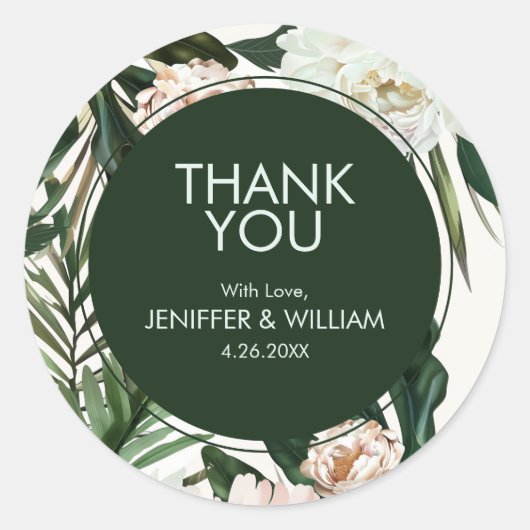 ピーチホワイトピーニー&グリーン葉フローラ結婚ズ ラウンドシール (正面)