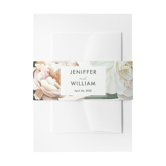 ピーチホワイトピーニー&グリーン葉フローラ結婚ズ 招待状ベリーバンド (正面例)