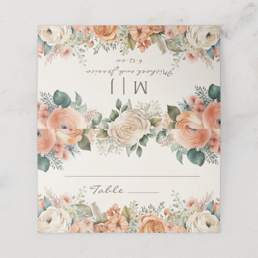 ピーチホワイトフローラユーカリプトゥスモノグラム結婚ズ プレイスカード (外部開封)