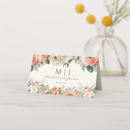 ピーチホワイトフローラユーカリプトゥスモノグラム結婚ズ プレイスカード (裏面)