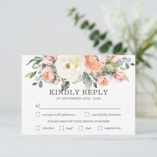 ピーチホワイトフローラ結婚ズ食事の選択RSVPカード 出欠カード (スタンド正面)