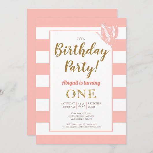 ピーチホワイト金ゴールドグリッター1st誕生日パーティー 招待状 (正面/裏面)