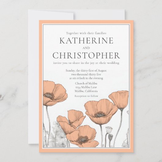 ピーチポピーモダンエレガントフローラ結婚ズ 招待状 (正面)