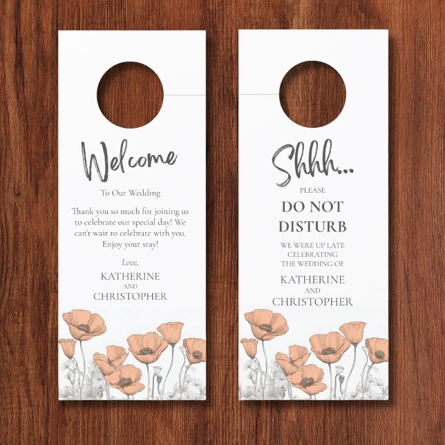 ピーチポピーShhh邪魔しな結婚い ドアノブサイン (Wedding Hotel Peach Poppies Shhh Door Hanger with Custom Welcome Message and Couple Names.
)