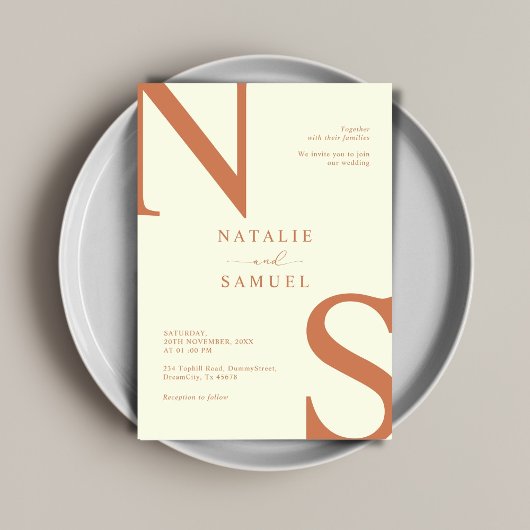 ピーチミニマルエレガント&はっきりしたイニシャル結婚ズ 招待状