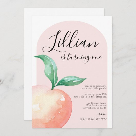 ピーチミニマル誕生日パーティーの招待状 招待状 (正面/裏面)