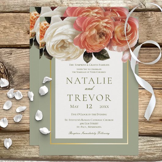 ピーチミモサ開花フローラ結婚セージ 招待状