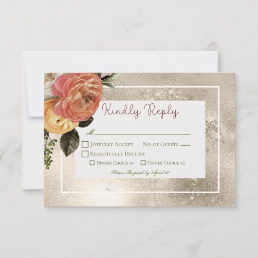 ピーチミモサ開花フローラ金ゴールド結婚ズ 出欠カード (正面)