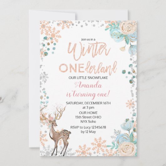 ピーチミントウィンターワンダーランドスノー誕生日招待状 招待状 (正面)