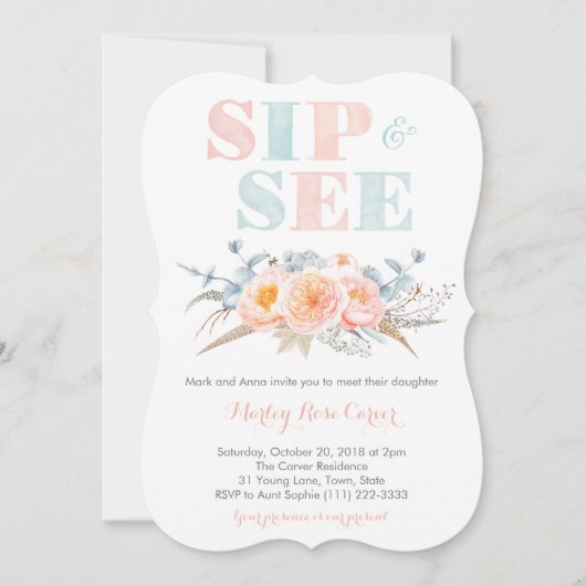 ピーチミントミントミーベビーガールまたはsipと表示パーティー 招待状 (正面)