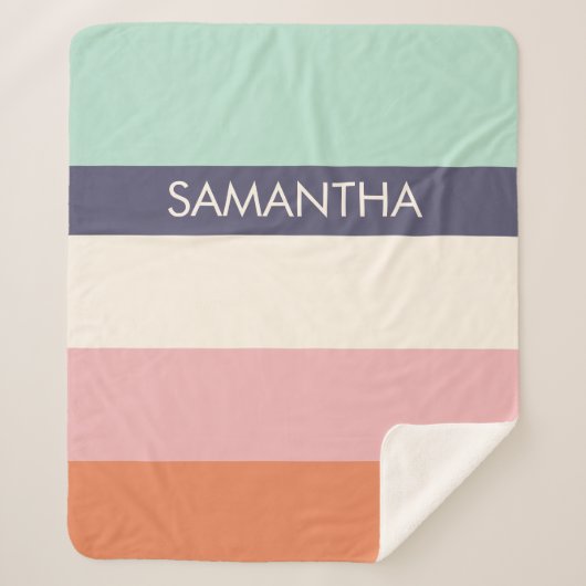 ピーチミントモダンカラーブロックストライプパーソナライズ シェルパブランケット (正面)