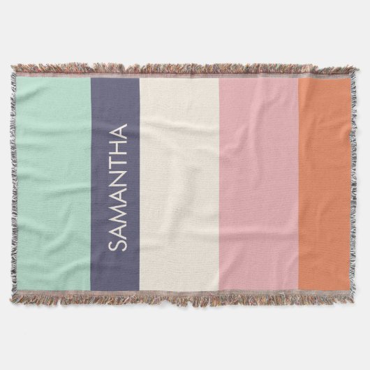 ピーチミントモダンカラーブロックストライプパーソナライズ スローブランケット (正面)
