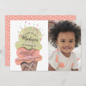 ピーチモダンアイスクリーム |誕生日パーティー |写真 招待状 (正面/裏面)