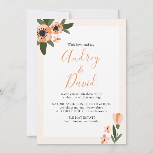 ピーチモダンアンドオレンジフローラ結婚式招待状 セーブザデート (正面)