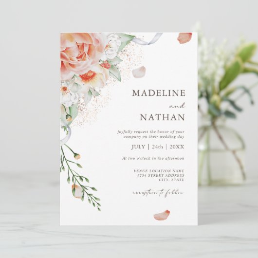 ピーチモダンウォーター色フローラ結婚式招待状 招待状 (スタンド正面)
