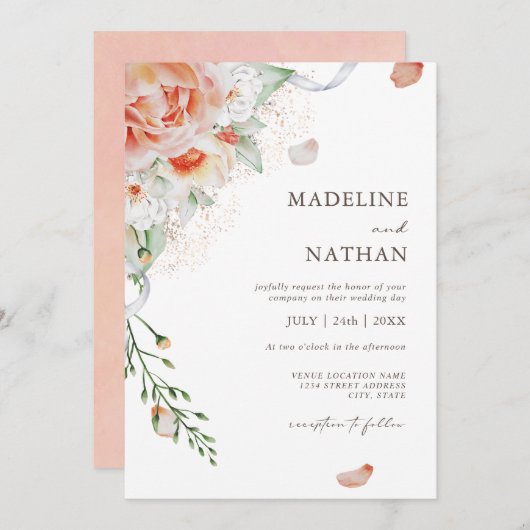 ピーチモダンウォーター色フローラ結婚式招待状 招待状 (正面/裏面)
