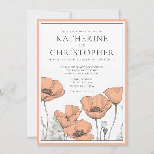 ピーチモダンエレガントフォーマルフローラ結婚ズ 招待状 (正面)