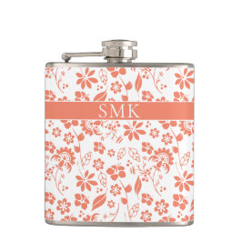 ピーチモダンコーラルトロピカルフラワーズモノグラム フラスク