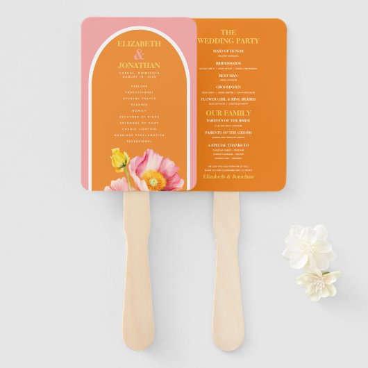 ピーチモダンピンクオレンジポピー結婚式 プログラム ハンドファン (正面&裏面)
