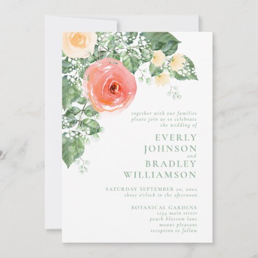 ピーチモダンフォト春サマーフローラ結婚ズ 招待状 (正面)
