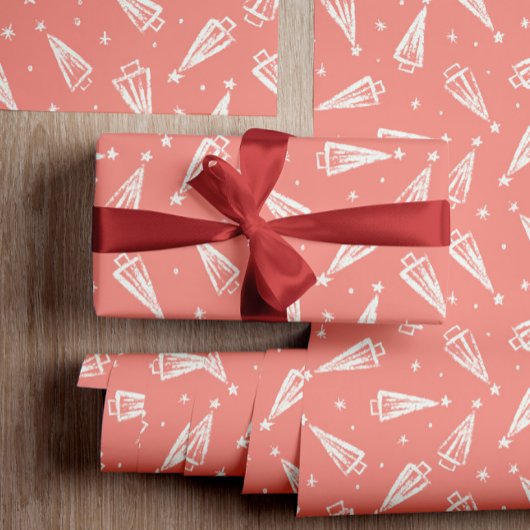 ピーチモダンフォレストツリークリスマス ラッピングペーパー