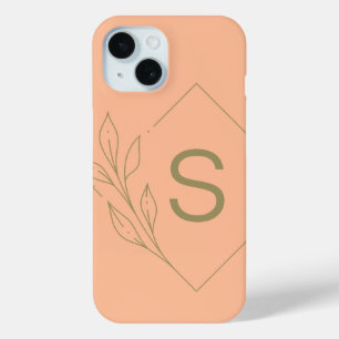 ピーチモダンミニマルモノグラムイニシャル植物学 iPhone 15ケース