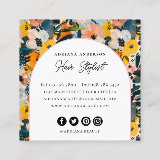 ピーチモダン&ブルー抽象芸術フローラ美容師 スクエア名刺 (裏面)