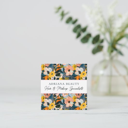 ピーチモダン&ブルー抽象芸術フローラ美容師 スクエア名刺 (スタンド正面)